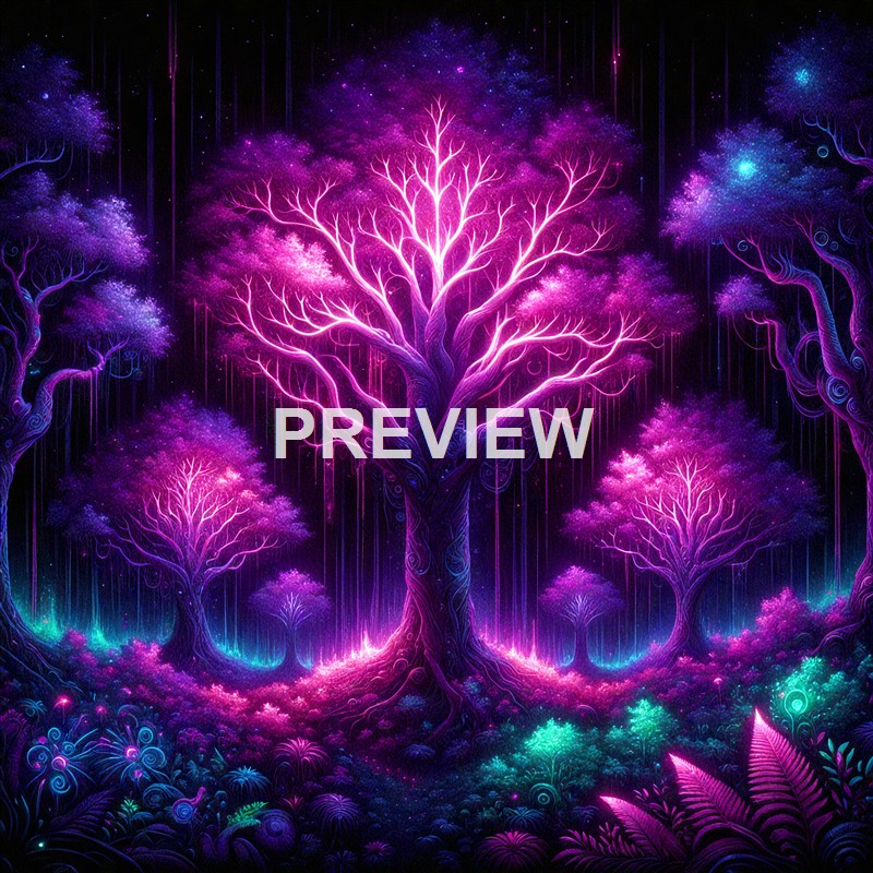 A vibrant, glowing forest scene featuring illuminated, neon-like trees with pink and purple foliage against a dark, starry background.